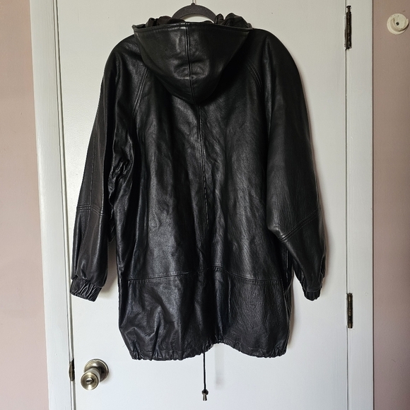 Unisex Winlit vintage black leather elongated hooded zip front drawcord jacket - Picture 6 of 8